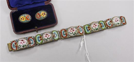 A gilt metal and micro mosaic bracelet and a cased pair of similar ear clips.